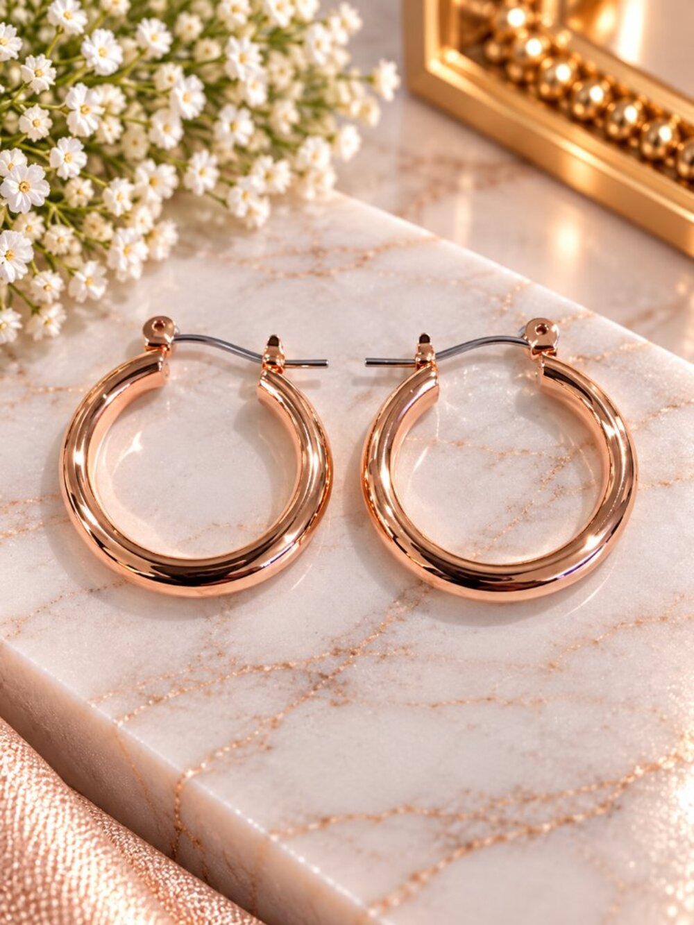 Rose Gold Tone Chunky Hoop Earrings Polished Classic Statement - Women Jewelry